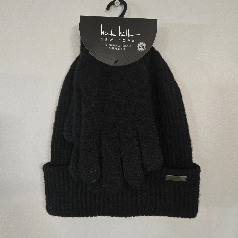 Nicole Miller Black Touchscreen Gloves and Beanie Set